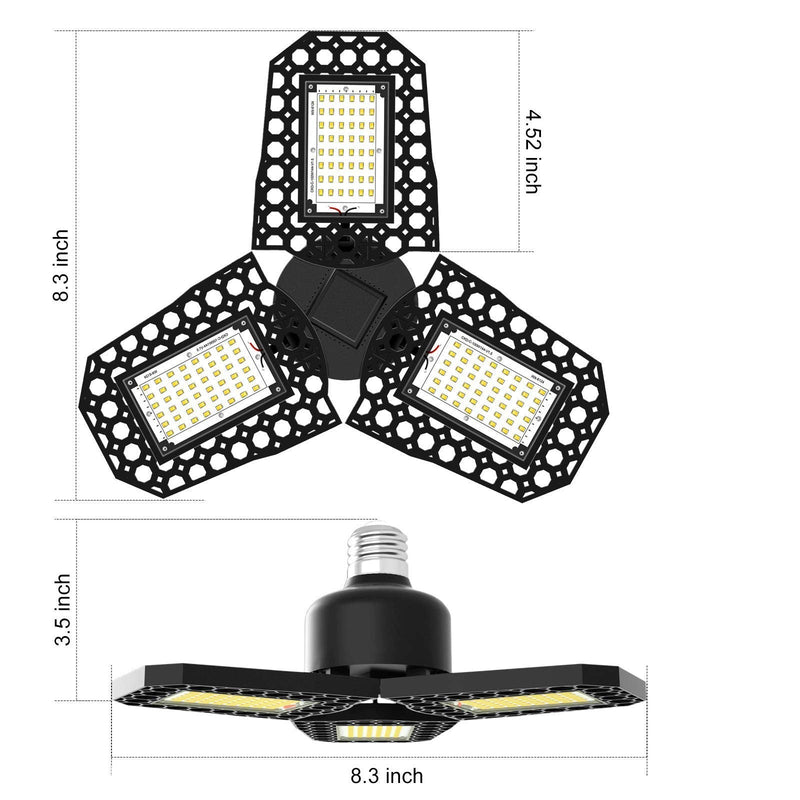 LED Shop Lights 80W LED Garage Lights 3 Leaf garage lights ceiling led Lights for Garage Deformable LED Garage Light with E26 E27 Base Garage Light Bulb for Workshop Basement LED Light Bulb Shop Light 3 Count (Pack of 1)