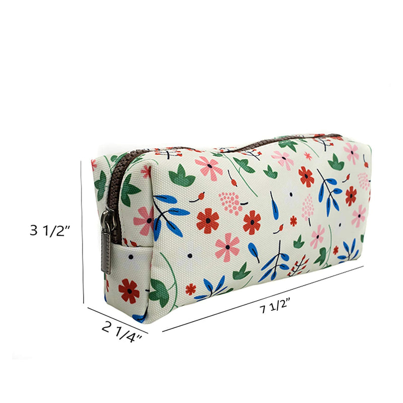 LParkin Floral Large Capacity Flower Canvas Pencil Case Teacher Gift Gadget Pen Bag Pouch Stationary Case Makeup Cosmetic Student Bag Box White