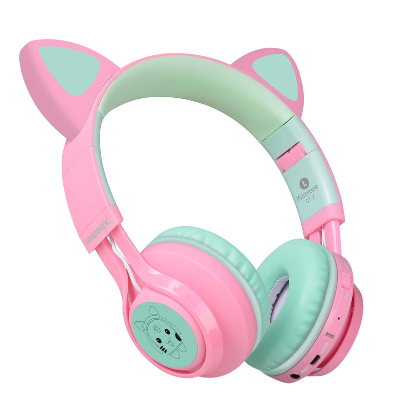 Riwbox Bluetooth Headphones, Riwbox CT-7 Cat Ear LED Light Up Wireless Foldable Headphones Over Ear with Microphone and Volume Control for iPhone/iPad/Smartphones/Laptop/PC/TV (Pink&Green) Pink&Green