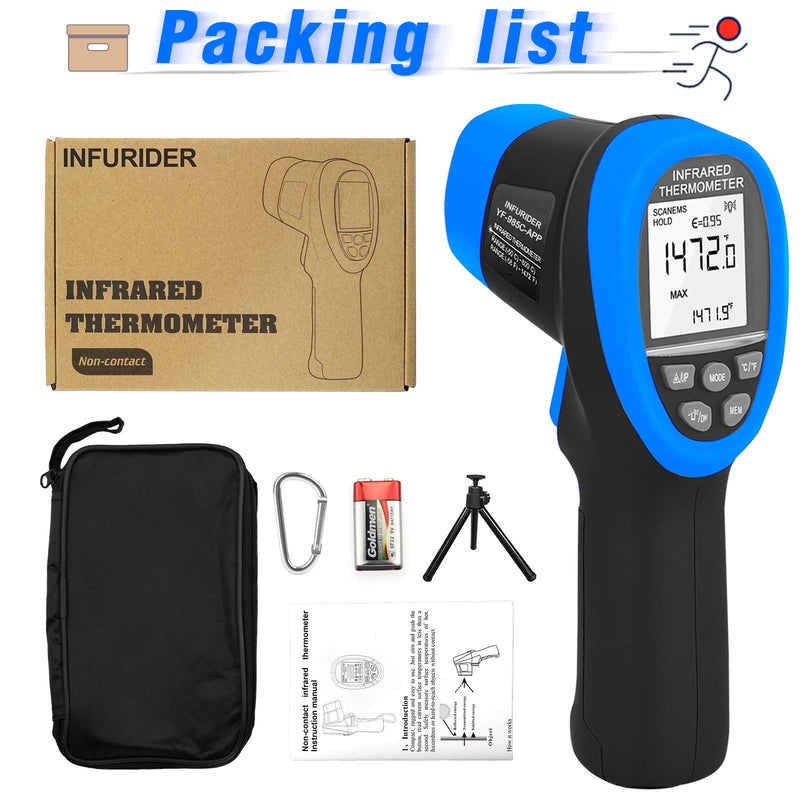 Digital Infrared Thermometer YF-985CAPP Non Contact Temperature Gun -58℉-1472℉ Pyrometer 16:1 Accurate IR Thermometer with Wireless Bluetooth,Backlight for Industry Kiln Forge【Not for Human】 985CAPP(With Bluetooth)