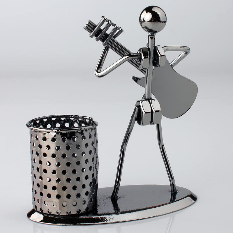 HAZOULEN Metal Art Pen Pencil Holder with a Musician Playing Music, Office Home Decoration Desk Container Desktop Organizer