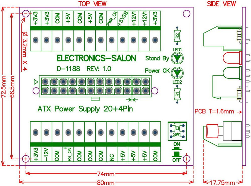 Electronics-Salon 24/20-pin ATX DC Power Supply Breakout Board Module.