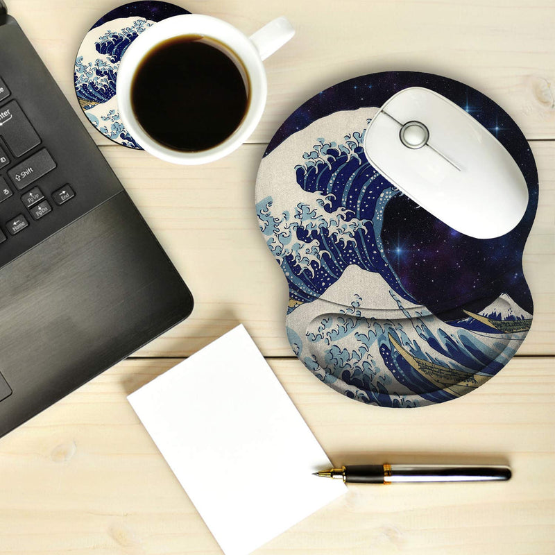 Gaming Mouse Pad and Coaster, Ergonomic Mouse Pad with Wrist Support Gel, Non-Slip PU Base, Easy Typing Pain Relief Effect, Suitable for Office and Home (2-Starry Japanese Kanagawa Great Heavy Wave) Starry Japanese Kanagawa Great Heavy Wave