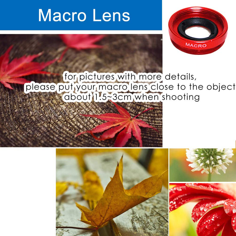 KINGMAS 3 in 1 Universal Fish Eye Lens + Wide-Angle Lens + Macro Clip Camera Lens Kit for iPad iPhone Samsung Android and Most Smartphones red
