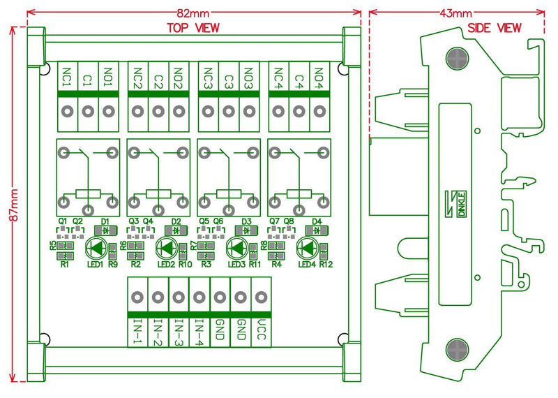 Electronics-Salon DIN Rail Mount 4 SPDT 10Amp Power Relay Interface Module, DC 5V Version.