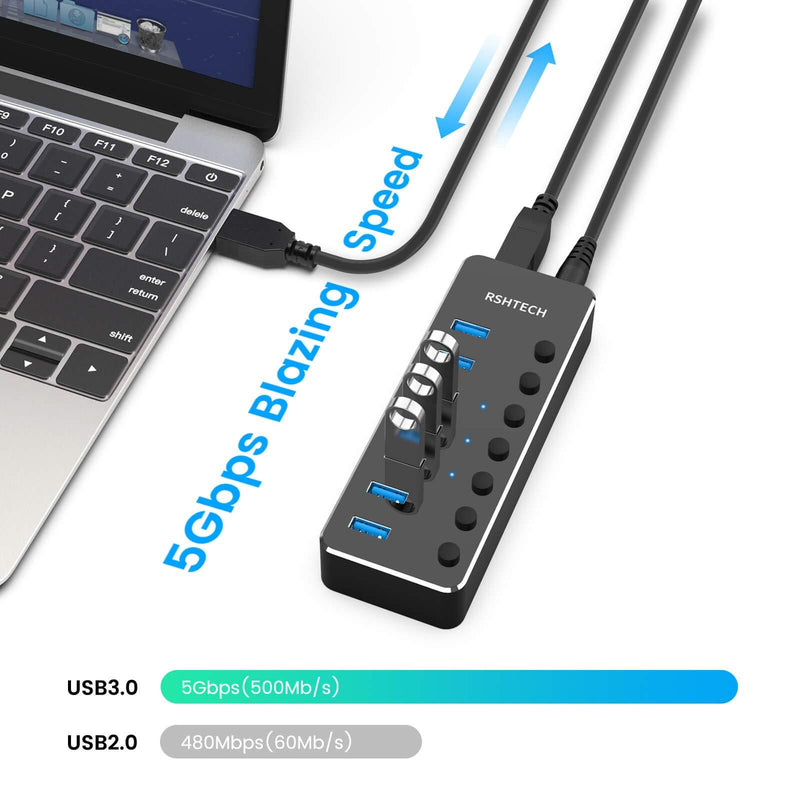 USB 3.0 Hub, RSHTECH 7 Port Powered USB Hub Expander Aluminum USB 3.0 Data Port hub with Universal 5V AC Adapter and Individual On/Off Switches USB Splitter for Laptop and PC(Black) 7 Port Powered USB 3.0 Hub