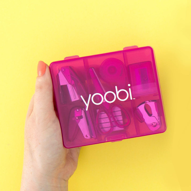 Yoobi Mini Supply Kit for Kids | Pencil Sharpener, Scissors, Stapler, Staple Remover, Tape & More | Home or School | Pink | Pack of 2 2 Pack