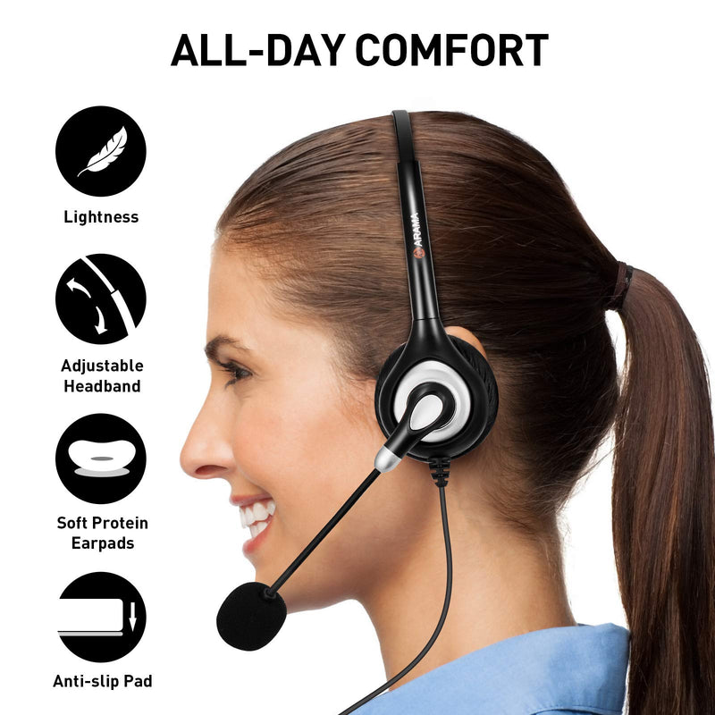 Arama Cell Phone Headset w/Lightweight Secure-Fit Headband, Pro Noise Canceling Mic and in-line Controls 3.5mm Headset for iPhone, Samsung, LG, HTC, BlackBerry Mobile Phone and iPad Tablets (A602MP) Binaural-A600