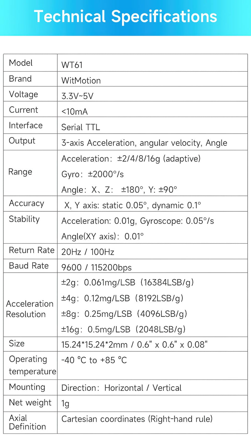 【WT61 Accelerometer + Tilt Sensor】Highly stable acceleration (+ - 16g) + gyro + angle (XY dual axis) with Kalman filter, MPU6050 AHRS IMU (unaffected by magnetic field)