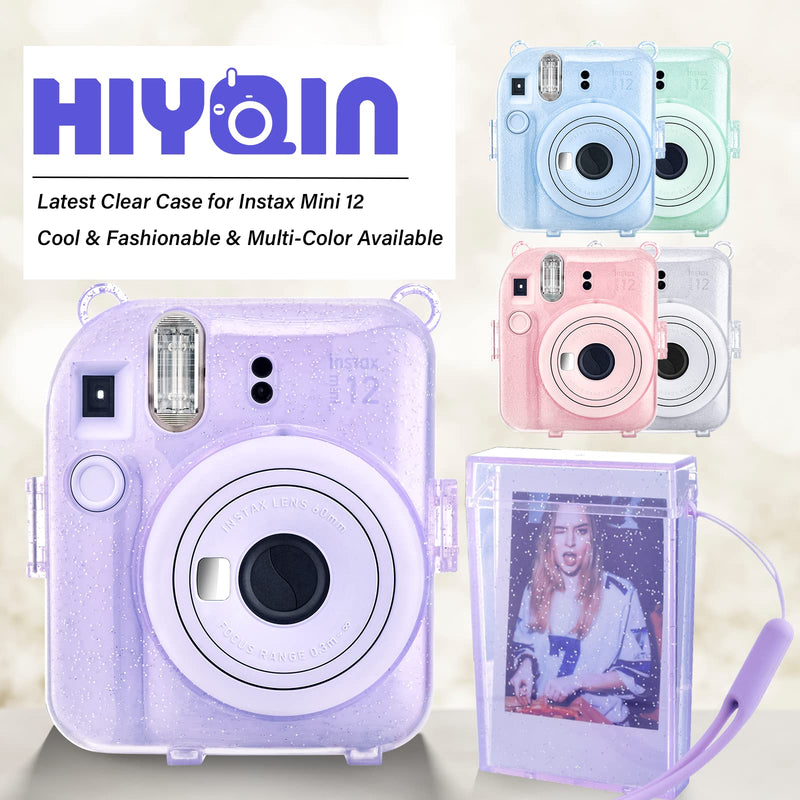 HIYQIN Upgrated Clear Glitter Case for Instax Mini 12, Fuji Mini 12 Clear Case, Fashion Glitter Protective Case with Adjustable Shoulder Strap, Portable Photo Box and DIY Sticker (Clear+Purple) Glitter-Clear Case+3 Accessories Purple