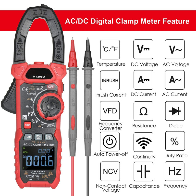 AC/DC Digital Clamp Meter 1000A True RMS Auto Range Professional Multimeter, 6000 Counts, Inrush, VFD, LOZ Mode Measures Current Voltage Temperature Capacitance Resistance Diodes Continuity Duty-Cycle AC/DC Current Meter