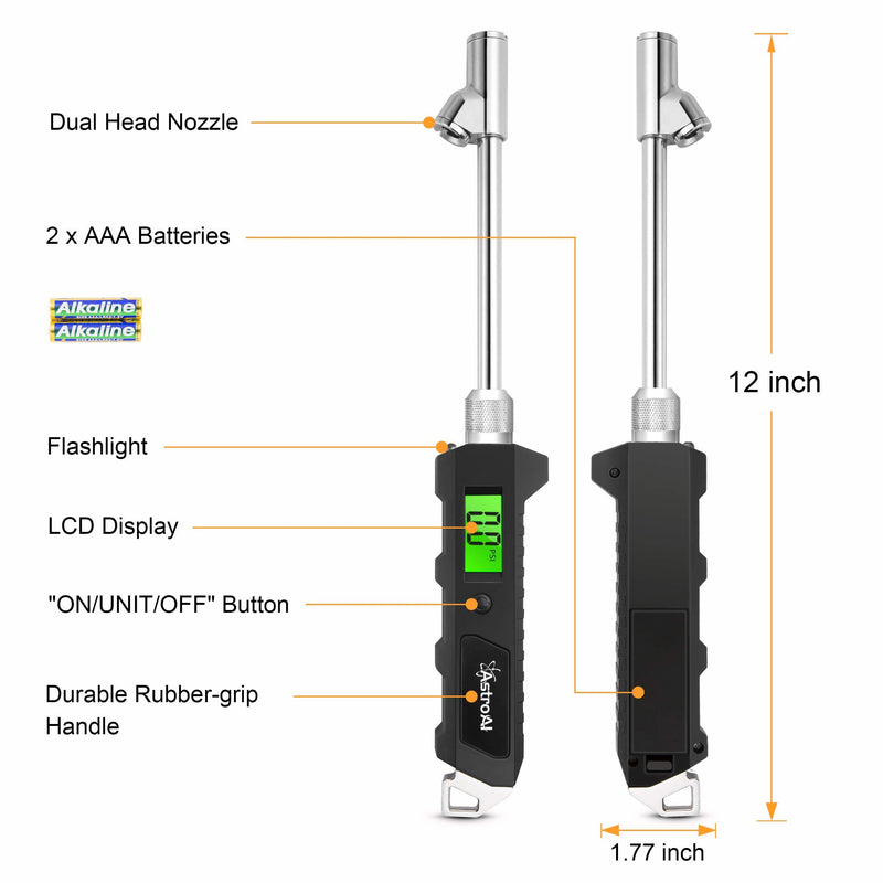 AstroAI Digital Tire Pressure Gauge 230 PSI Heavy Duty Dual Head Stainless Steel Made for Truck and RV with Backlit LCD and Flashlight