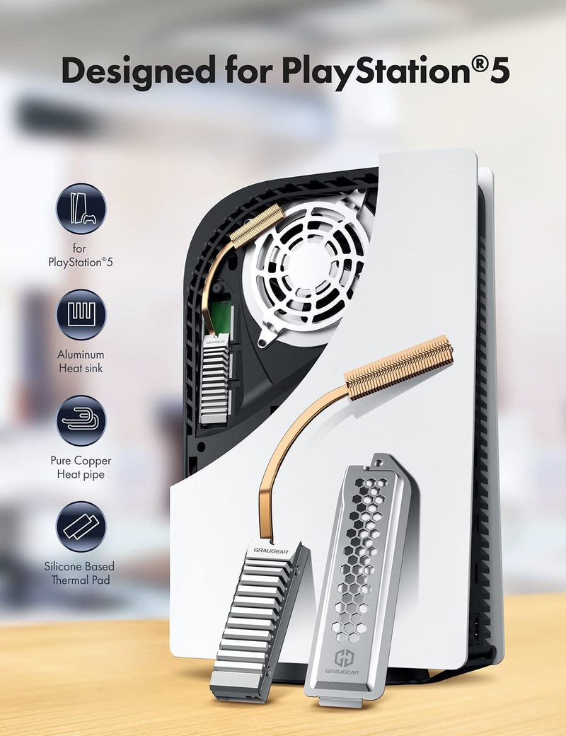 GRAYEAR | Heatpipe heatsink for M.2 SSD (2280) with cover | PS5 Heatpipe Cooler Kit | for PS®5 memory expansion | 4x thermal pads incl. | G-PS5HS01-Cov