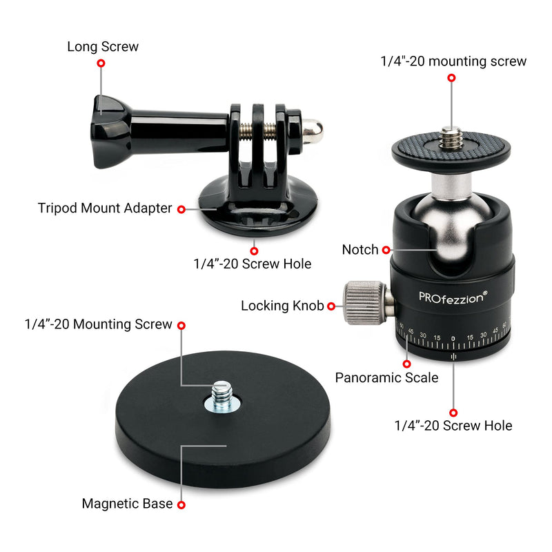 Magnetic Mount Base Kit with Mini Ball Head for GoPro Hero Camera, DJI Osmo Action Camera, AKASO Action Camera, Insta360 Action Camera, Blink Camera, Wyze Cam Pan & More Devices with a 1/4"-20 Thread