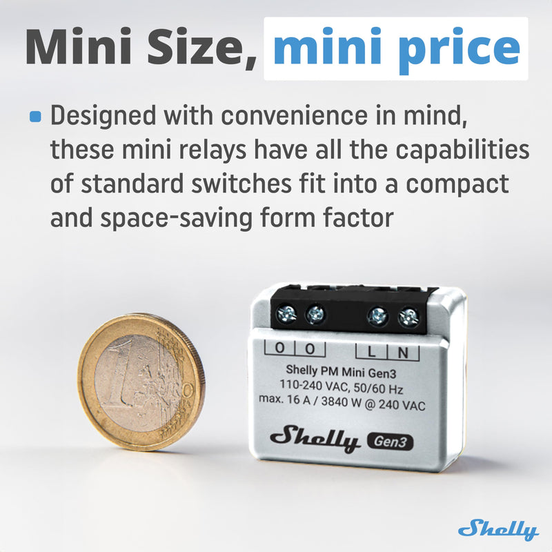 Shelly PM Mini Gen 3 | Smart Wi-Fi and Bluetooth power meter 1 channel 16 A | Home automation | Compatible with Alexa and Google Home | iOS Android app | No hub required. Single pack