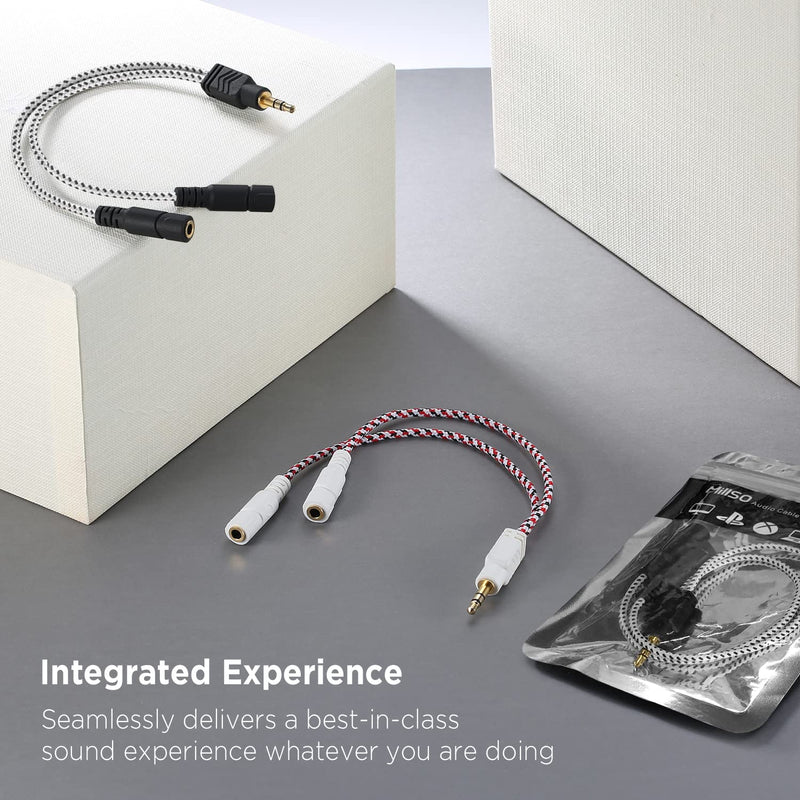 DUKABEL Headphone Splitter, Knitted 3.5mm Audio Splitter TRS 3-Pole Aux Splitter Cable for Headphones Earphones Speakers -Zebra White/2PACK 9.8 inch / 25 cm - 2pack Zebra White