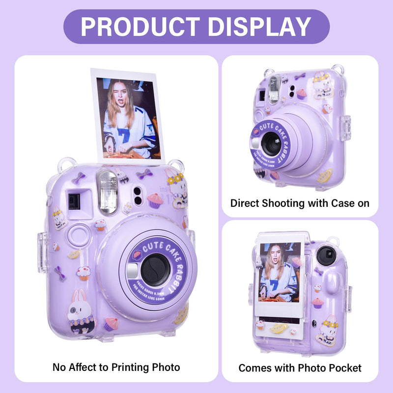 HIYQIN Upgrated Clear Case for Fujifilm Instax Mini 12 Instant Camera, Polaroid Instax Mini 12 Protective Cover Hard PVC Transparent Case with Adjustable Shoulder Strap and DIY Sticker (Purple) Original-Clear Case+2 Accessories Purple