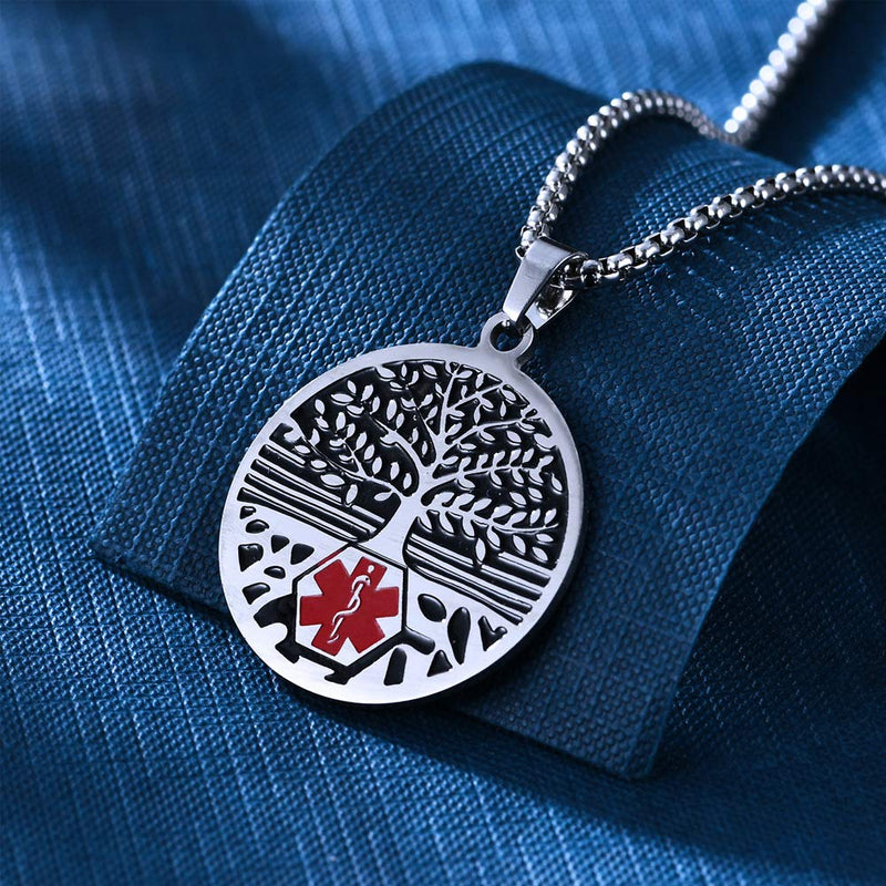 RENYILIN Stainless steel tree of life medical alert ID emergency first aid necklace ASTHMA