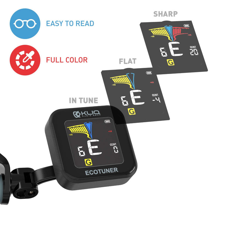 KLIQ EcoTuner - USB Rechargeable Clip-On Tuner (with included charging cable) - with Guitar, Ukulele, Violin, Bass & Chromatic Tuning Modes (also for Mandolin and Banjo)
