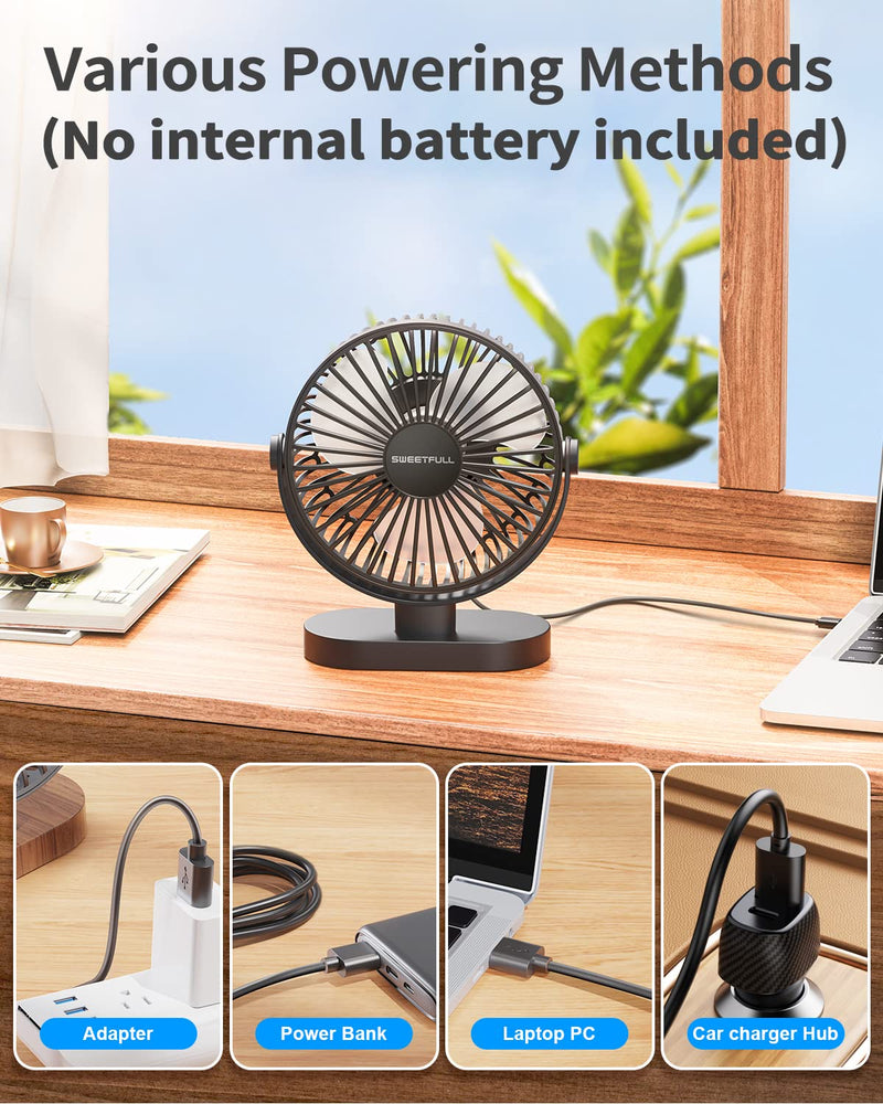 SWEETFULL 6.4 Inch USB Small Desk Fan, 3 Speeds Quiet Portable Desktop Table Fan, 360Â° Adjustment Personal Mini Fan for Home Office Car Outdoor Travel (all black) all black