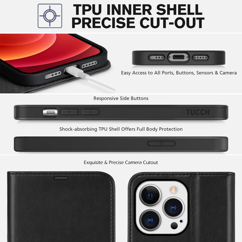 TUCCH Case for iPhone 13 Pro Wallet Case, Protective [TPU Shockproof Inner Shell], PU Leather [RFID Blocking] Card Holder Magnetic Stand Folio Cover Compatible with iPhone 13 Pro 6.1-inch 2021, Black