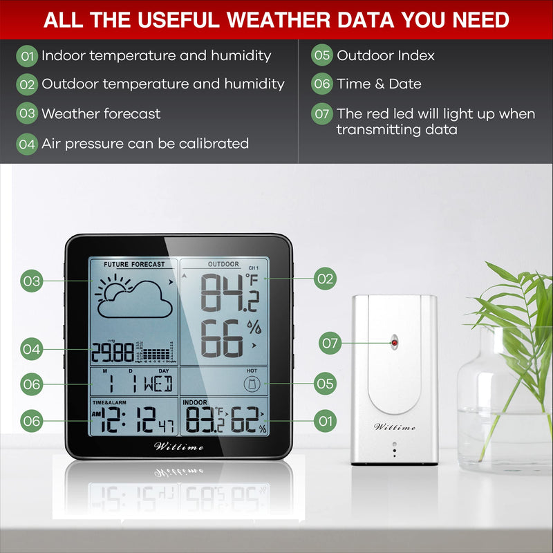 Wittime 2180 Weather Station Indoor Outdoor Thermometer Wireless Hygrometer Wireless Digital Temperature and Humidity Monitor Inside Outside Thermometer for Home with Sensor