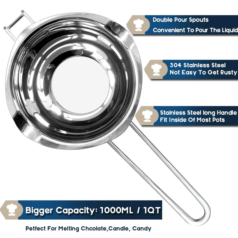 1000ML/1QT Double Boiler Chocolate Melting Pot,304 Stainless Steel Candle Making Kit, Melting Pot with Silicone Spatula for Melting Chocolate, Candy, Candle, Soap, Wax 1000ml