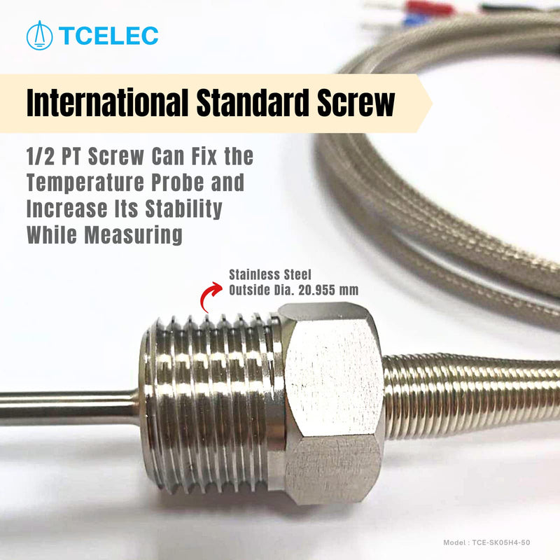 TCELEC TCE-SK05H4-50 K Type Thermocouple Probe for Furnace Oven Meet The 1/2 PT Screw Thread K-Type Input Instrument Thermocouple Thermometer Sensor Temperature Range from 77°F to 1112°F