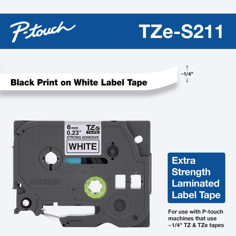 Brother Genuine P-touch TZE-S211 Tape, 1/4" (0.23") Wide Extra-Strength Adhesive Laminated Tape, Black on White, Laminated for Indoor or Outdoor Use, Water-Resistant,0.23" x 26.2' (6mm x 8M), TZE-S211