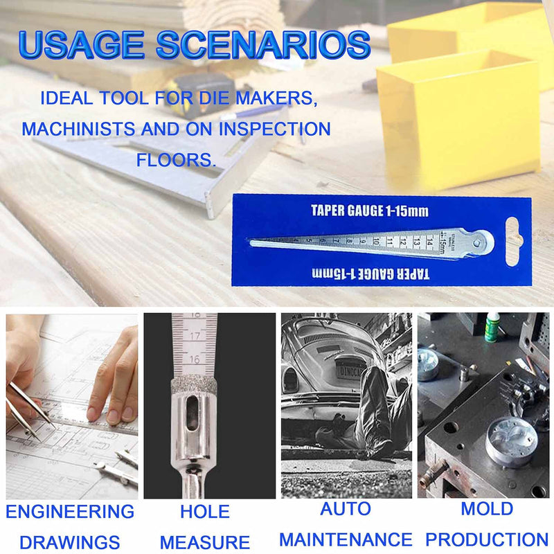 Taper Gauge - 1-15mm 1/32-5/8 Inch Stainless Steel Gap Taper Welding Thickness Gauge Gage Test Ulnar, Inch & Metric Hole Inspection Measure Tool