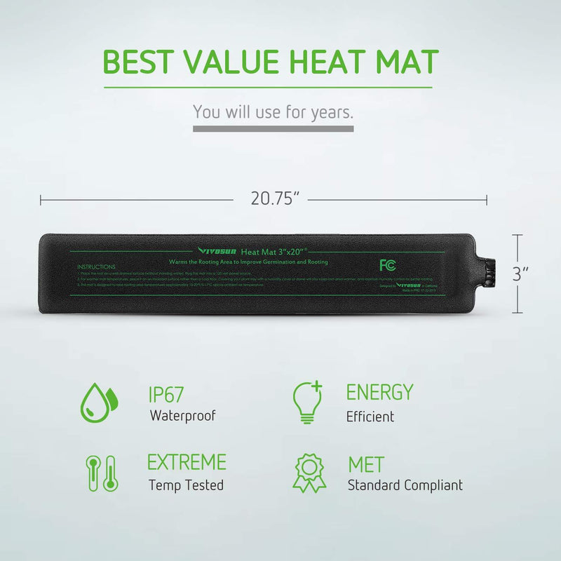 VIVOSUN Durable Waterproof Seedling Heat Mat Warm Hydroponic Heating Pad 3'' x 20" for Kombucha Tea & Beer Brewing, Fermentation, Seedlings & Plant Germination 1-Pack 3"*20"