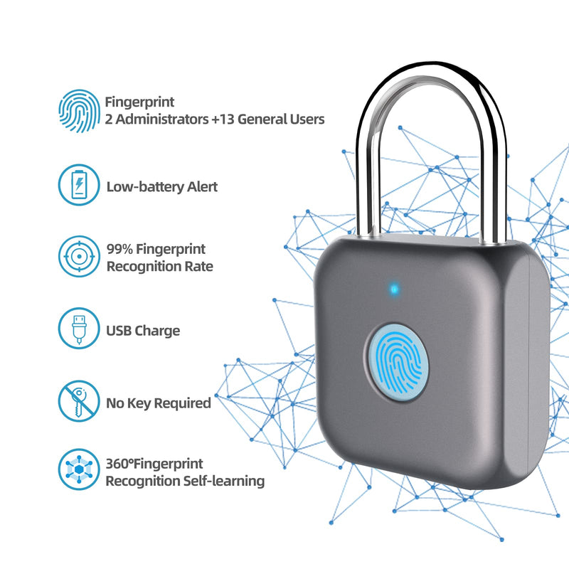 Pothunder Fingerprint Padlock, Smart Padlock, Locker Lock, Biometric Metal Keyless Thumbprint Lock, Waterproof, USB Rechargeable, for Gym Locker, School Locker, Luggage, Backpack, Suitcase(Gray) Gray