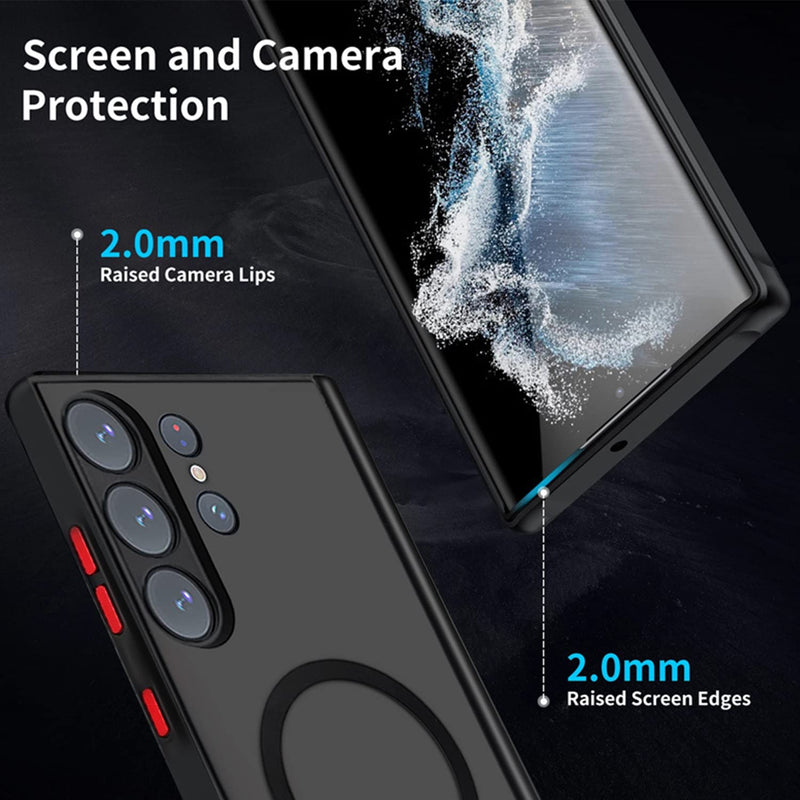 MANMANTAO Magnetic Phone Case Compatible with Samsung Galaxy S23 Ultra Frosted Slim Protective Hard and Soft Heavy Duty Shockproof Anti-Scratched Case Works with Wireless Charging Black