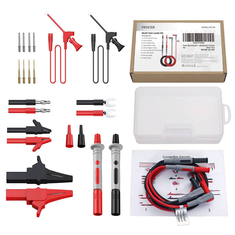 Multimeter Test Lead 24pcs, Proster Electrical Multitester Leads Automotive Multimeter Probe Alligator Clips Replaceable Volt Clamp Meter Leads Electronic Test Lead