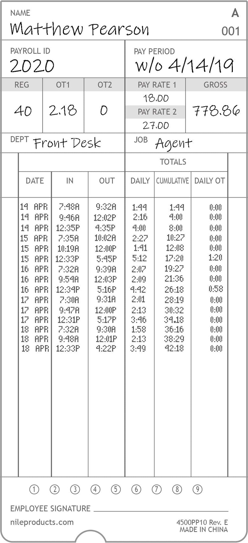 Nile Products, 4500PP10, genuine and authentic time cards for the Nile Products model number 4500PP calculating time clock, 100 per pack, time cards