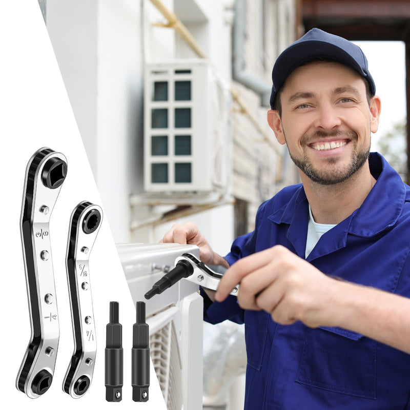 Hvac Service Wrench Refrigeration Service Wrench Set, 3/8 to 1/4, 5/16 x 1/4, Ratchet Wrench Refrigeration Tool Set Air Conditioner Valve with Hexagon Bit Adapter Kit for Equipment Repair
