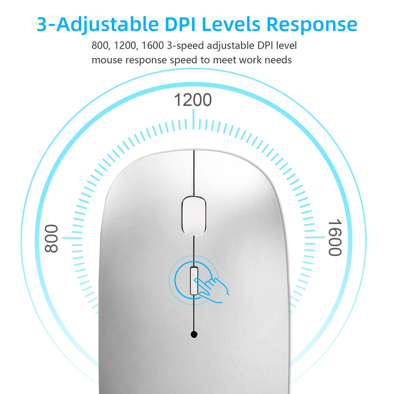 Wireless Mouse for Laptop, Bluetooth Mouse for MacBook Pro/Air/Mac/iPad/Chromebook/Computer -Rechargeale Dual Mode(USB 2.4Ghz + Bluetooth 5.2) Silent Cordless Mouse with USB C Adapter Silver