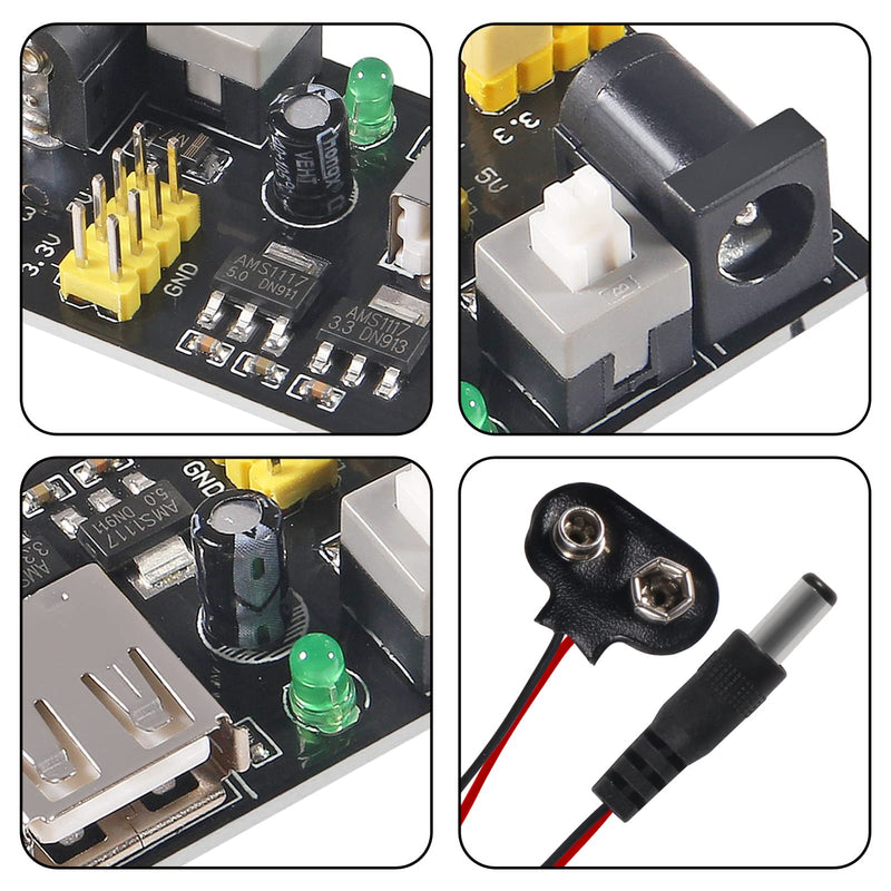 AITIAO 6Pcs MB102 3.3V/5V Solderless Breadboard Power Supply Module with 6Pcs 9V Battery Clip Buckle T-Type Power Cable Male 2.1MM DC Jack Plug for Arduino Nano