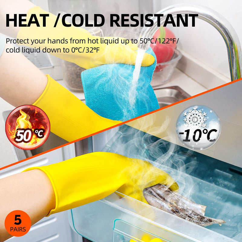 Vgo 5-Pairs Reusable Household Cleaning Gloves, Rubber Dishwashing gloves, Extra Thickness, Long Sleeves for Kitchen, Cleaning, Working, Painting, Gardening, Pet Care (Size M, Yellow, HH4601) Medium 5 Pairs - Yellow