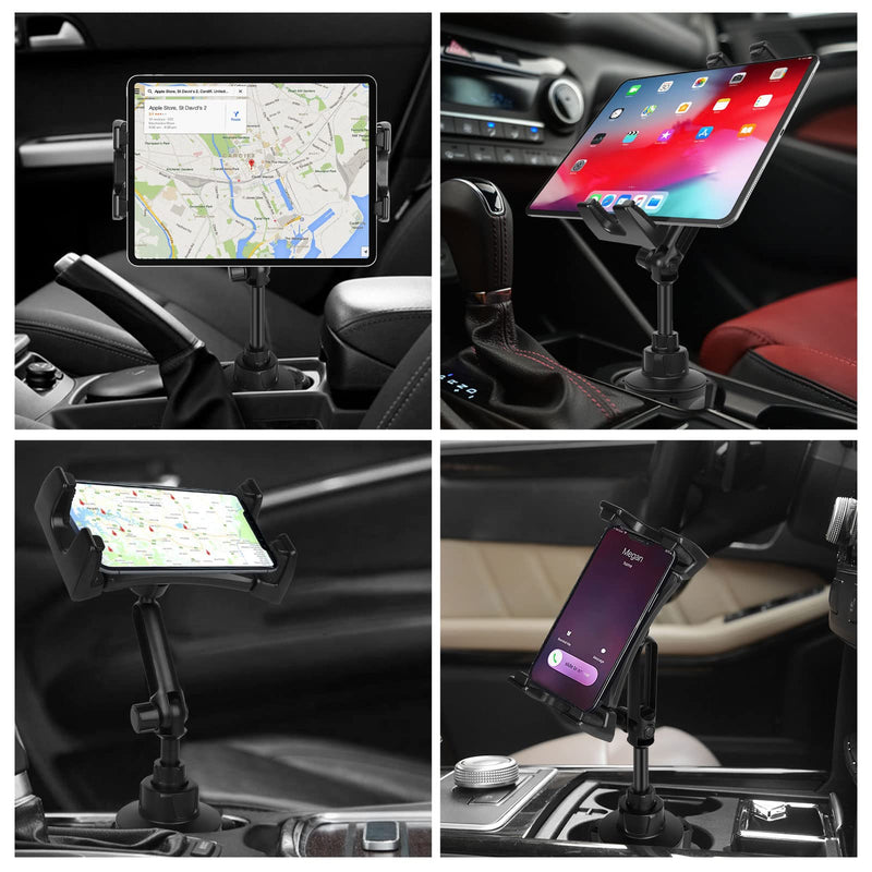 Car Cup Holder Tablet Mount & Phone Cradle Stand Truck for iPad Pro 9.7, 11, 12.9 Air Mini 5 4 3 2, Samsung Galaxy Tabs, iPhone 13 12 Pro, 4.7"-12.9" Smartphone Tab, Adjustable Long Arm, 360Âº Rotating