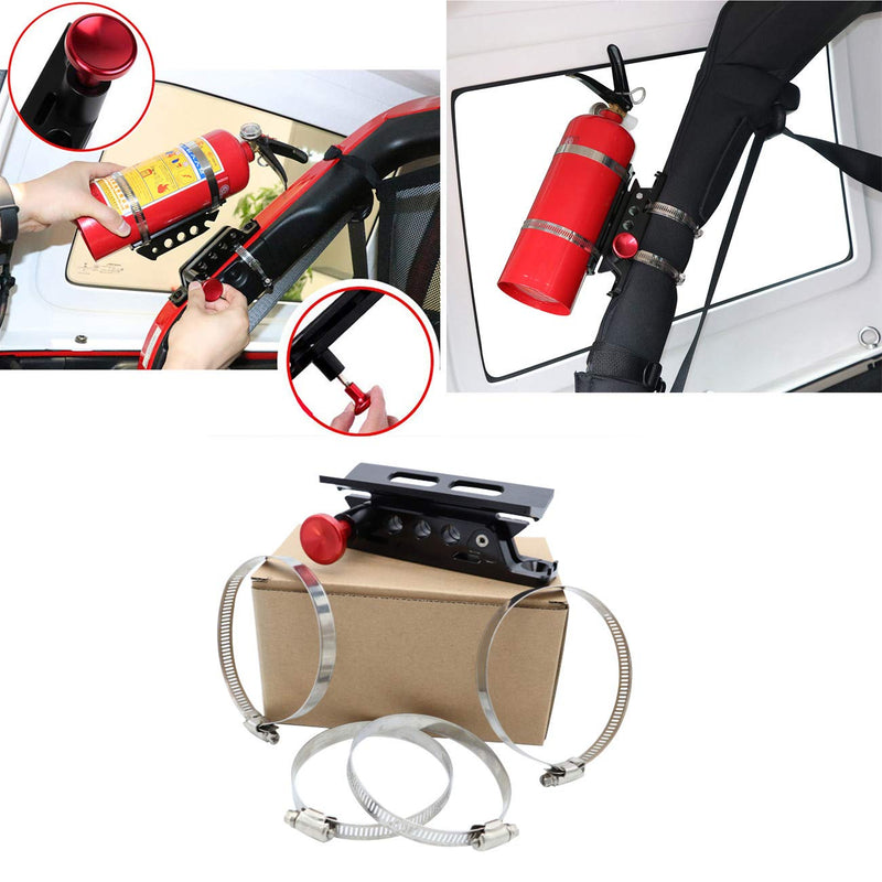 Quick Release Adjustable Aluminum Fire Extinguisher Holder Mount Bracket Compatible with for Jeep Wrangler UTV Polaris RZR Ranger Camper Van with Pillar Black
