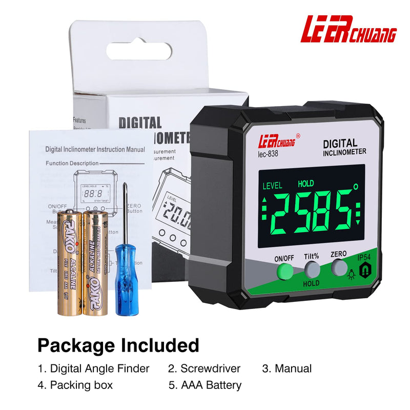 Digital Angle Finder, LEERCHUANG Inclinometer Angle Measuring Tool with Magnetic Base, Digital Protractor/Protractor for Woodworking, Carpentry, Building, Automotive, Masonry Black
