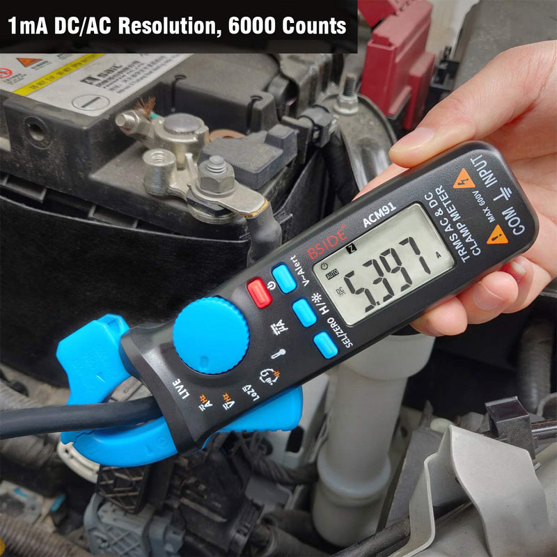 Bside ACM91 1mA Clamp Meter DC/AC Current True RMS Auto-Ranging 6000 Counts Multimeter Live Check V-Alert Temperature Capacitance Frequency Tester with Back Clip Blue