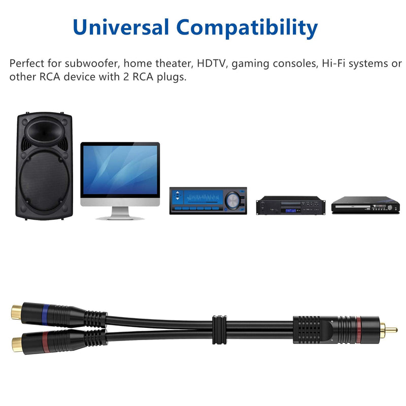 RCA Splitter, 2 Pack RCA Male to Dual RCA Female Y Splitter Cable Stereo to Mono Adapter, 8 Inches Gold Plated Audio Cable Cord RFAdapter for Subwoofer Speaker