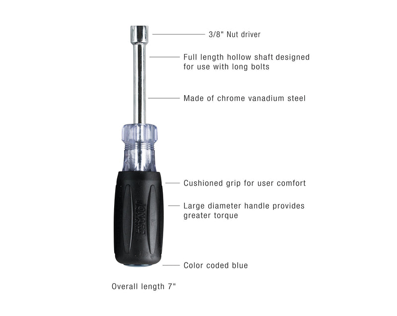 Jonard Tools ND-63038, Nut Driver, 3/8" Hex Tip, 3" Hollow Shaft with Wide Ergonomic Comfort Grip,Blue 3/8"