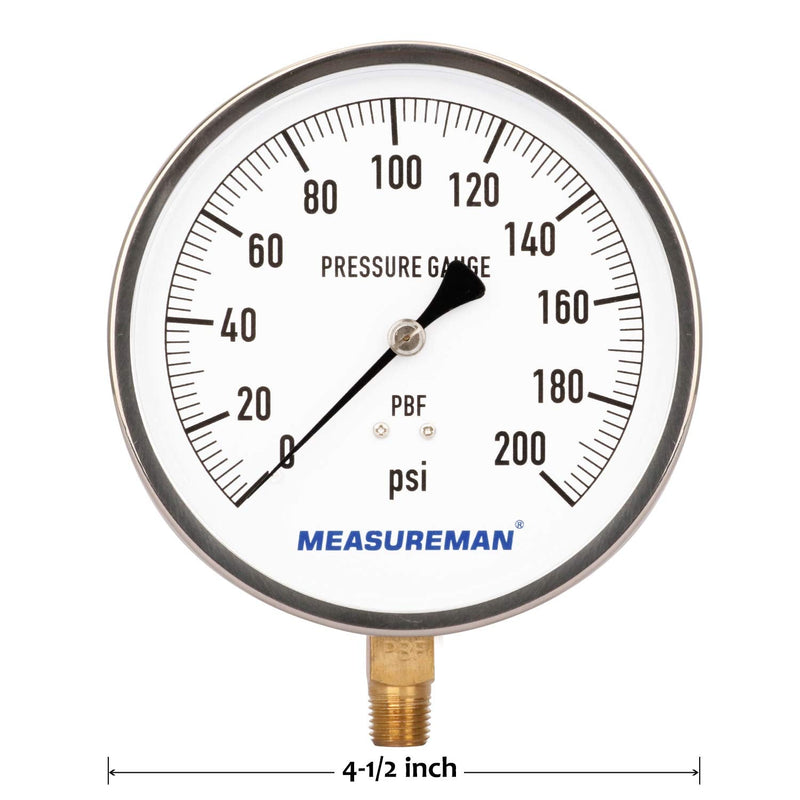 MEASUREMAN 304 Stainless Steel Case, Contractor Pressure Gauge, 0-200Psi, 4-1/2" Dial Size, -1% Accuracy, 1/4" NPT Lower Mount