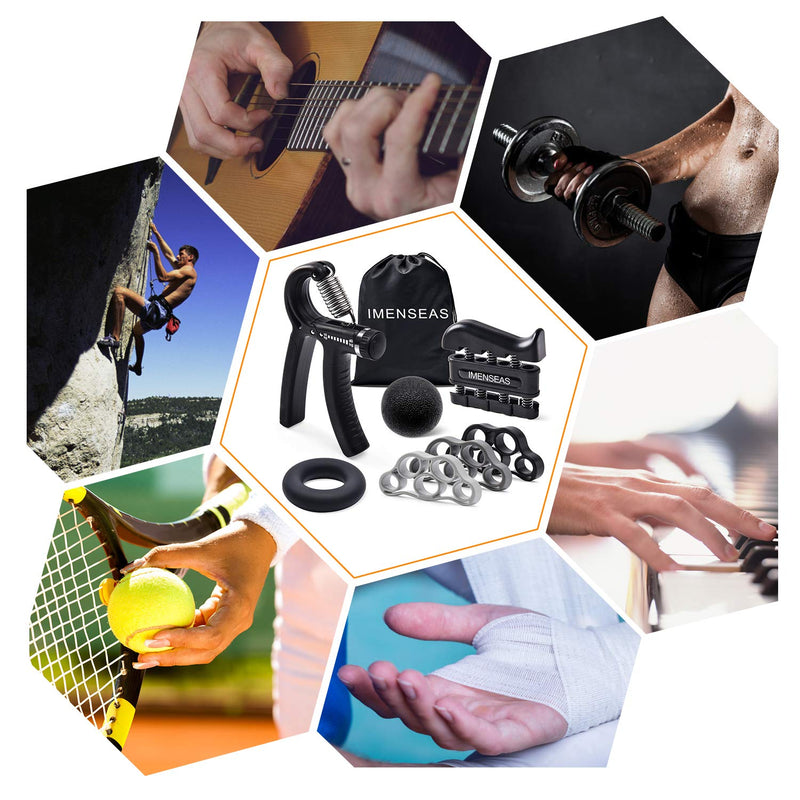 IMENSEAS Hand Grip Strengthener 7 Pack Adjustable Hand Gripper, Finger Stretcher Resistance Extensor Bands, Finger Exerciser, Grip Strength Ring & Stress Relief Ball for Athletes & Musicians Black