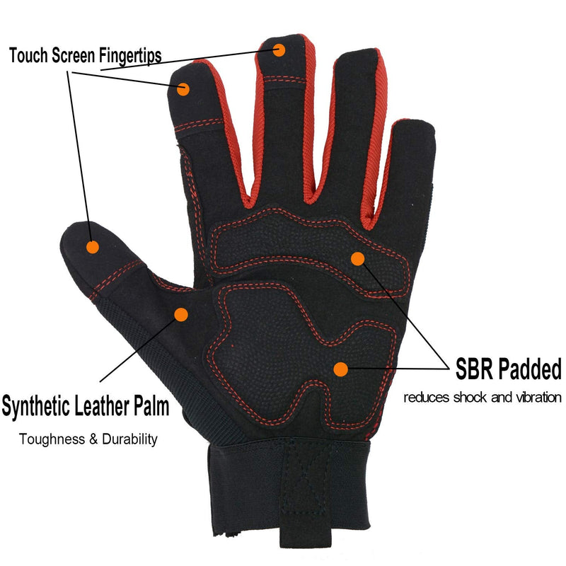 Handlandy Hi-vis Reflective Work Gloves, Anti Vibration Safety Gloves, Touch Screen, Orange Flexible Spandex Back Large (Pack of 1) Red