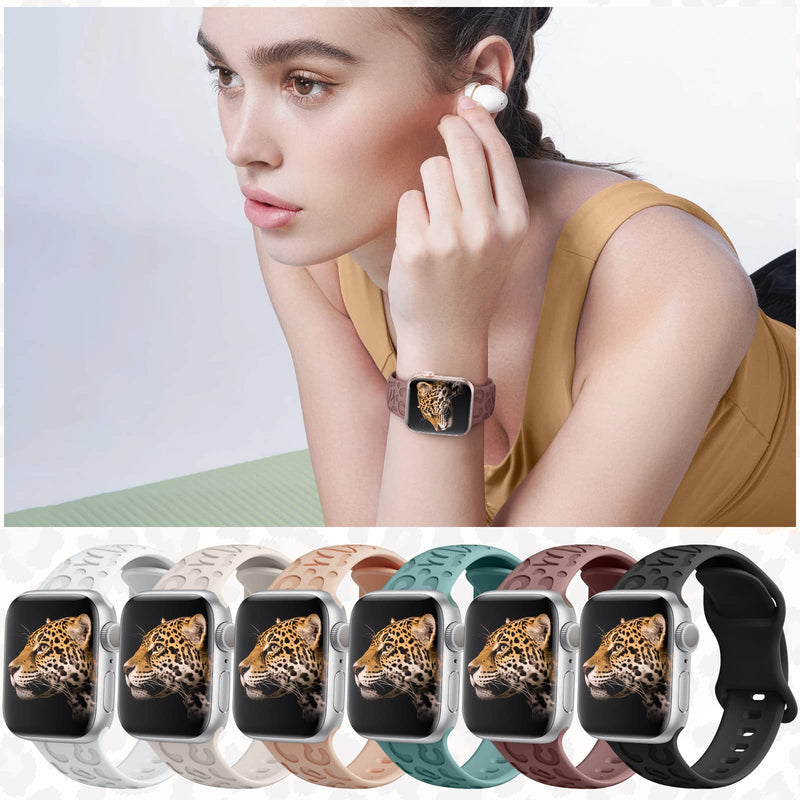 6 Pack Leopard Engraved Band Compatible with Apple Watch Band 40mm 38mm 41mm 44mm 42mm 45mm 49mm, Waterproof Cheetah Sport Silicone Wristbands Replacement for iWatch Series 8 7 6 5 4 3 2 SE for Women 42mm/44mm/45mm/49mm