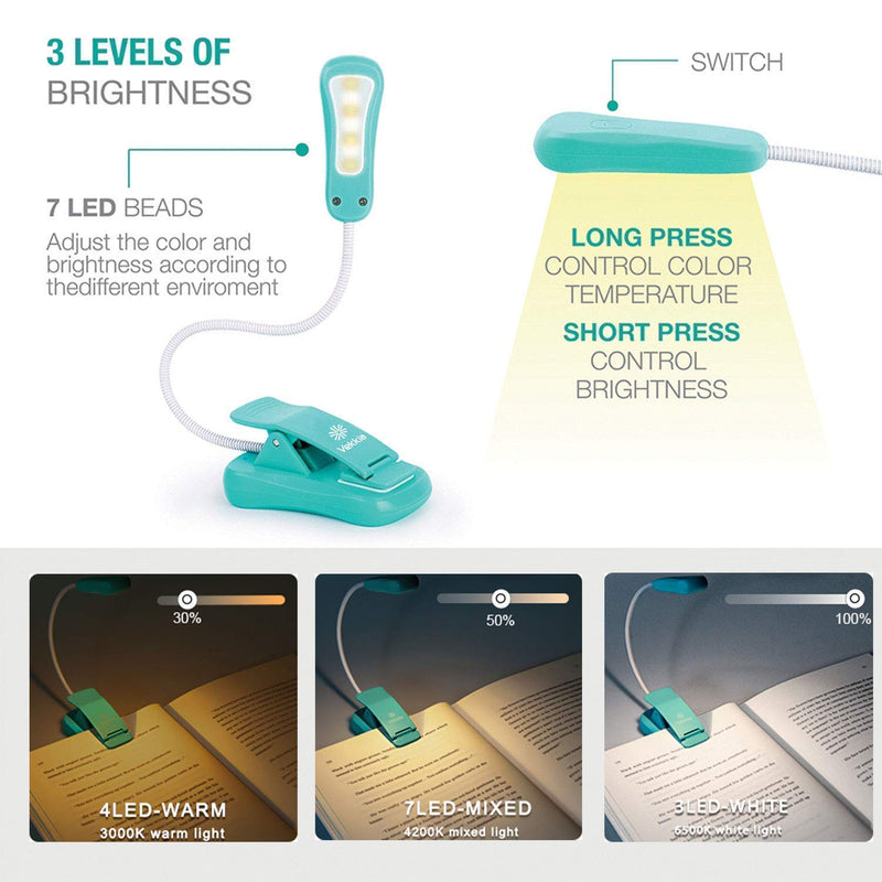 Vekkia Rechargeable 4 & 6LED Reading Light, Book Lights for Reading in Bed, 3 Brightness Levels, 2 Flexible Soft Silicone Arms Comfortable Wear, Long Lasting. Perfect for Bookworms,Craft